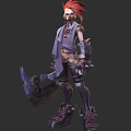 Steampunk Warrior Character Holding Mechanical Axe Wearing Armored Outfit Purple Coat And Leather Boots