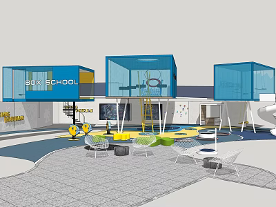 Bright Early Education School With Blue Transparent Buildings Playground Slide And Outdoor Space 3d model
