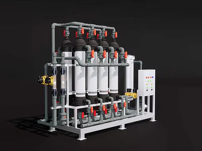 Industrial Equipment with Multiple Cylindrical Tanks Pipes Valves and Control Panel 3d model