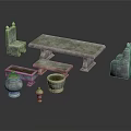 Rustic Stone Textured Outdoor Table With Chairs Bench Planters For Garden Patio