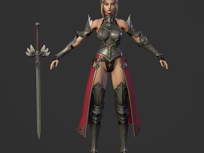 Fantasy Female Warrior Character In Metallic Armor With Red Cape And Sword 3d model