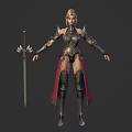 Fantasy Female Warrior Character In Metallic Armor With Red Cape And Sword
