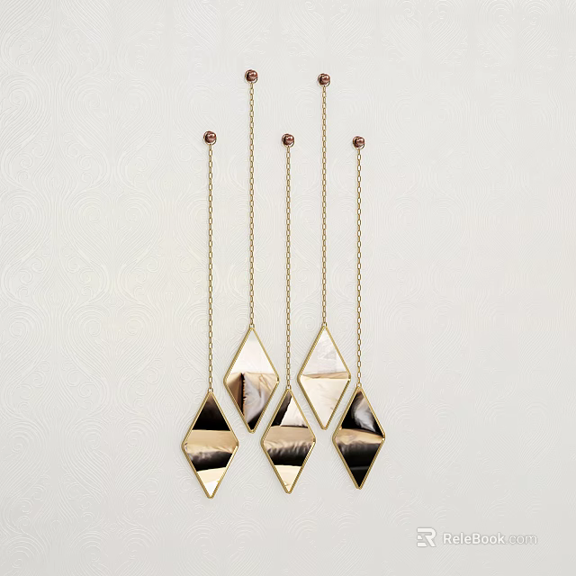 Diamond Shaped Hanging Mirrors With Gold Chains On Light Colored Patterned Wall 3d model