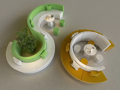 Green and Yellow Unique-shaped Sofa Seating Area with Small Tables Modern Design 3d model