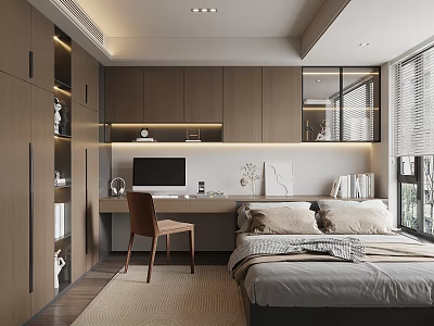 Modern Tatami Bedroom Interior Design With Desk Computer And Wooden Bookshelves 3d model
