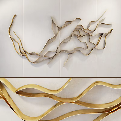 Elegant Gold Wavy Metal Wall Decor For Modern Living Room Interior Design 3d model