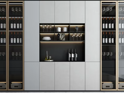 Modern Wine Cabinet With Glass Doors Wine Bottles Wine Glasses And LED Lighting 3d model