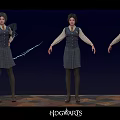 Woman Wearing Plaid Skirt Vest Blouse Holding Wand With Flying Scarf And Blue Magical Light