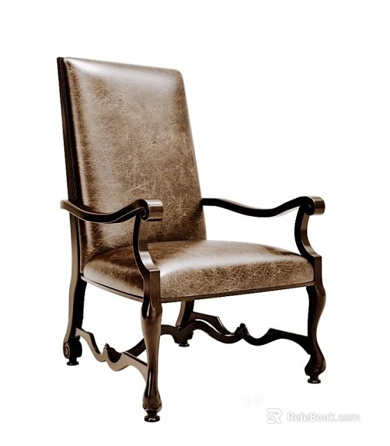 Classic Brown Leather Armchair With Wooden Frame And Curved Carved Legs 3d model 