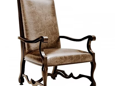 Classic Brown Leather Armchair With Wooden Frame And Curved Carved Legs 3d model