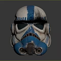 Detailed Blue White Weathered Clone Trooper Helmet With Distinctive Markings And Sci Fi Design