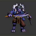 Game Movie Character With Purple Fur Horns Blue Armor And Dual Swords In Battle Stance