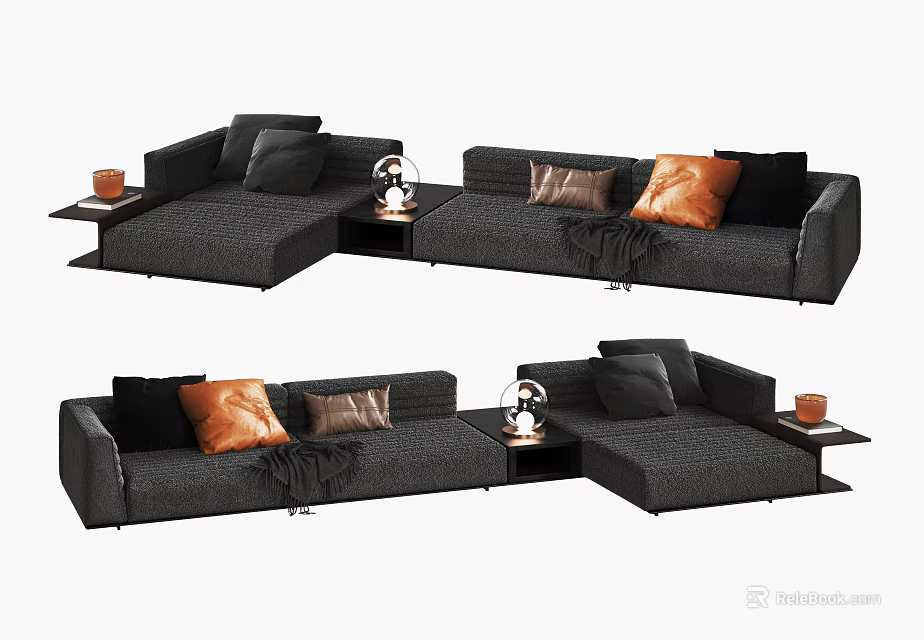 Modern Sectional Sofa With Dark Fabric Orange Brown Pillows And Side Tables 3d model