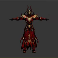 Ornate Red And Gold Fantasy Warrior Armor With Horned Design And Intricate Details