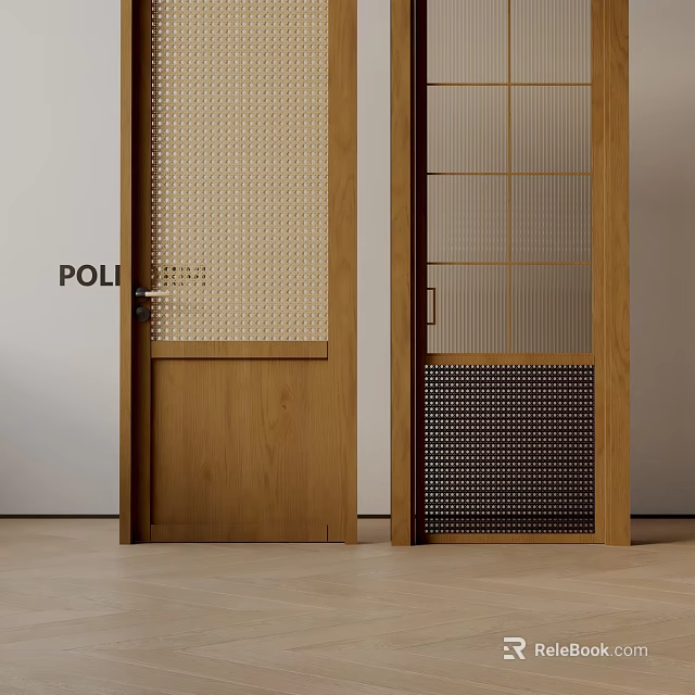 Wooden Hinged Doors with Different Grid Designs in Modern Interior and Frames 3d model