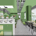 Modern Green Hotpot Restaurant Interior With Dining Seating Plant Decor And Food Bowls