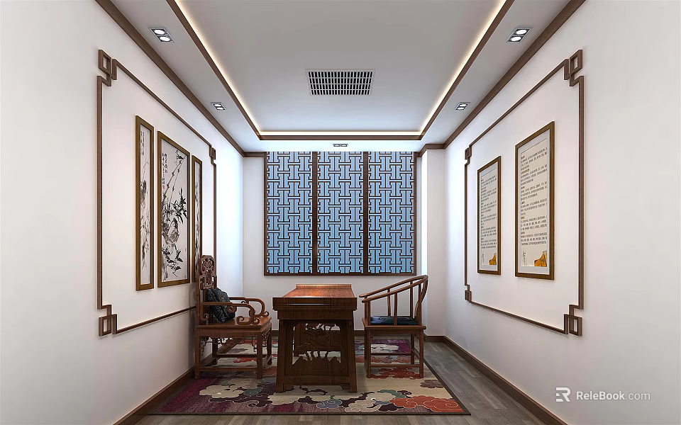 Traditional Chinese Room Interior With Wooden Table Chairs Calligraphy Paintings And Decorative Windows 3d model 