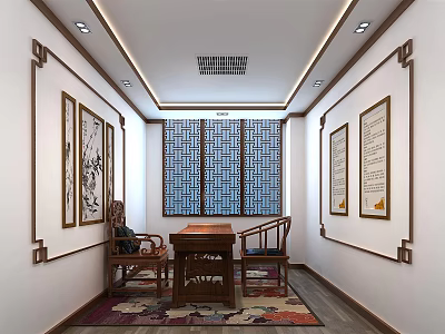 Traditional Chinese Room Interior With Wooden Table Chairs Calligraphy Paintings And Decorative Windows 3d model