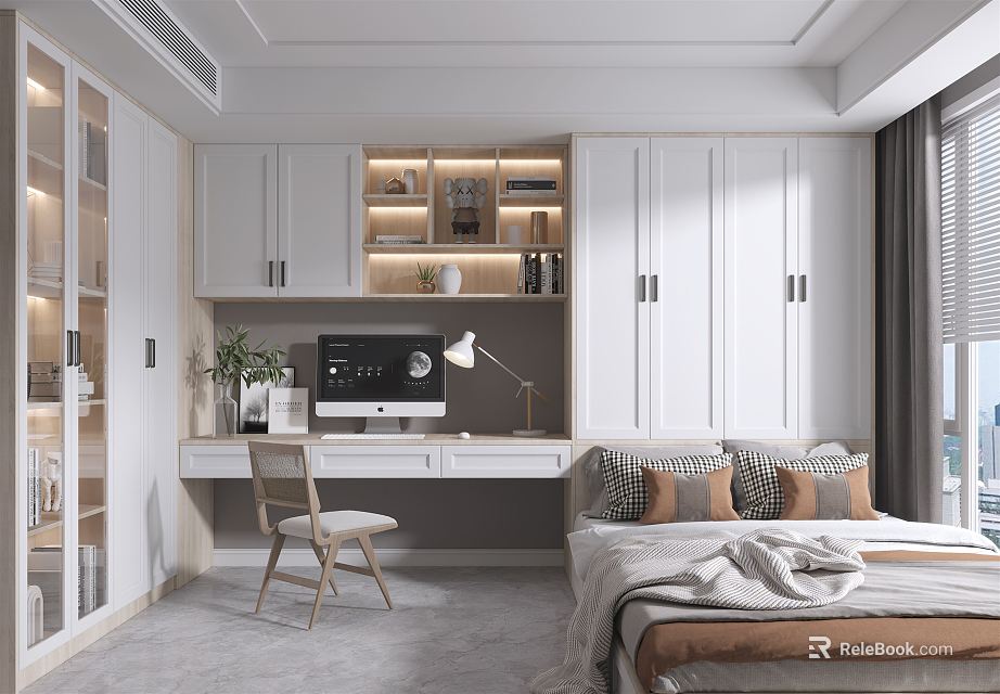 Tatami Bedroom Interior With White Cabinets Desk Computer Table Lamp And Bookshelf 3d model 