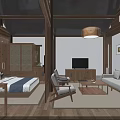 Traditional Chinese Hotel Guest Room Interior With Wooden Beams Sofa Bed And Balcony View