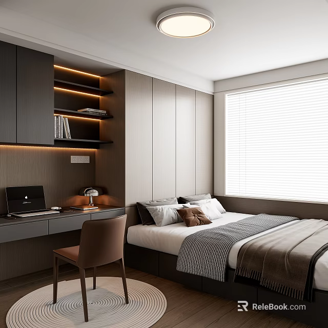 Tatami Bedroom Interior Design With Desk Laptop Lamp Chair Bed Pillows And Window Blinds 3d model 