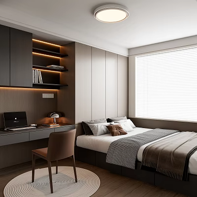 Tatami Bedroom Interior Design With Desk Laptop Lamp Chair Bed Pillows And Window Blinds 3d model