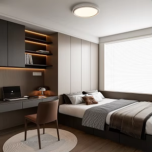 Modern Italian Tatami Bedroom Tatami Bed Sheet Chair Laptop Bookcase Ceiling Light Leather Single Chair Ornaments Carpet 3d model