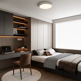 Modern Italian Tatami Bedroom Tatami Bed Sheet Chair Laptop Bookcase Ceiling Light Leather Single Chair Ornaments Carpet 3d model