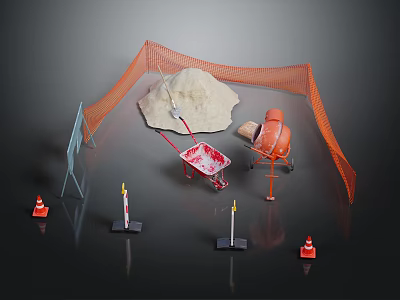 Construction Site With Orange Safety Fence Sand Red Wheelbarrow Concrete Mixer Traffic Cones Road Barriers 3d model