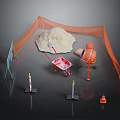 Construction Site With Orange Safety Fence Sand Red Wheelbarrow Concrete Mixer Traffic Cones Road Barriers