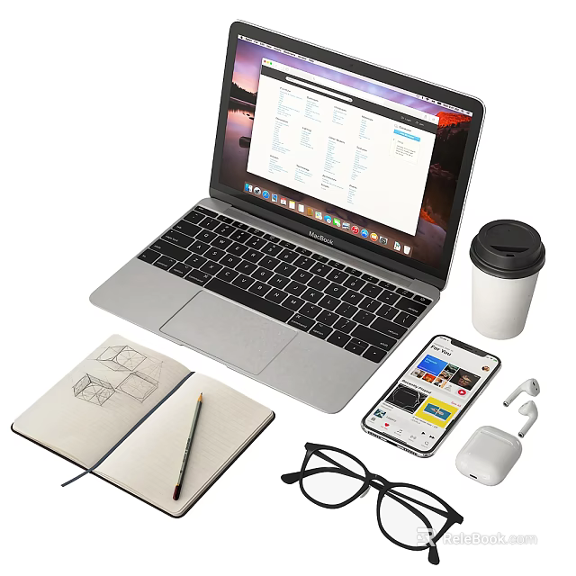 Laptop With Data Charts Notebook Pencil Smartphone Wireless Earbuds Coffee Cup And Eyeglasses 3d model 