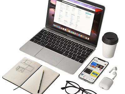Laptop With Data Charts Notebook Pencil Smartphone Wireless Earbuds Coffee Cup And Eyeglasses 3d model