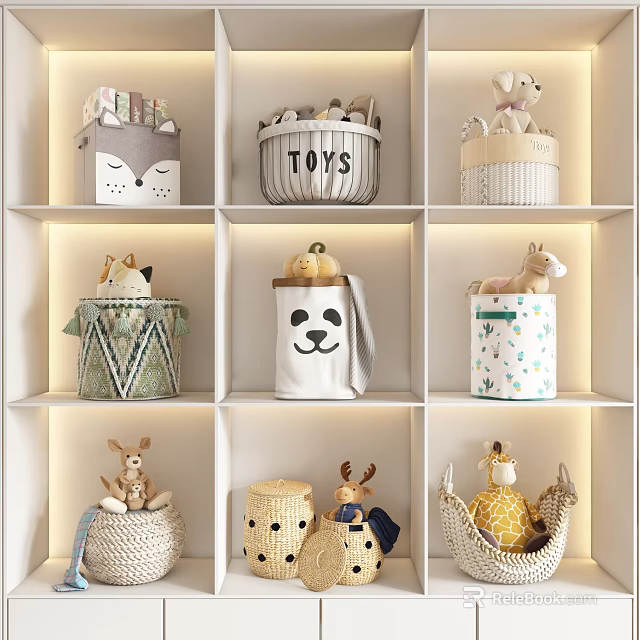 Cute Animal Stuffed Toys On Lit White Shelves With Patterned Baskets And Woven Containers 3d model 