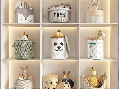 Cute Animal Stuffed Toys On Lit White Shelves With Patterned Baskets And Woven Containers 3d model