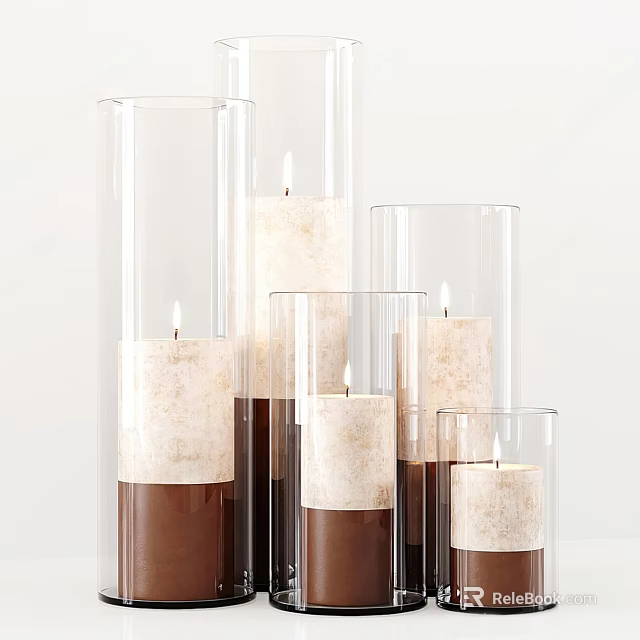 Decorative Ornament Set with Transparent Cylindrical Glass Candleholders and Ivory Top Brown Base Lit Candles 3d model 