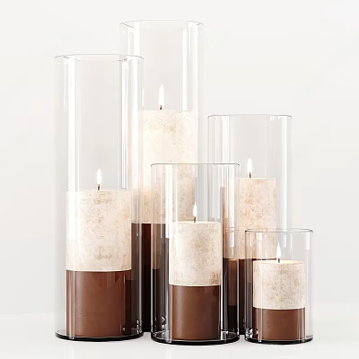 Decorative Ornament Set with Transparent Cylindrical Glass Candleholders and Ivory Top Brown Base Lit Candles 3d model