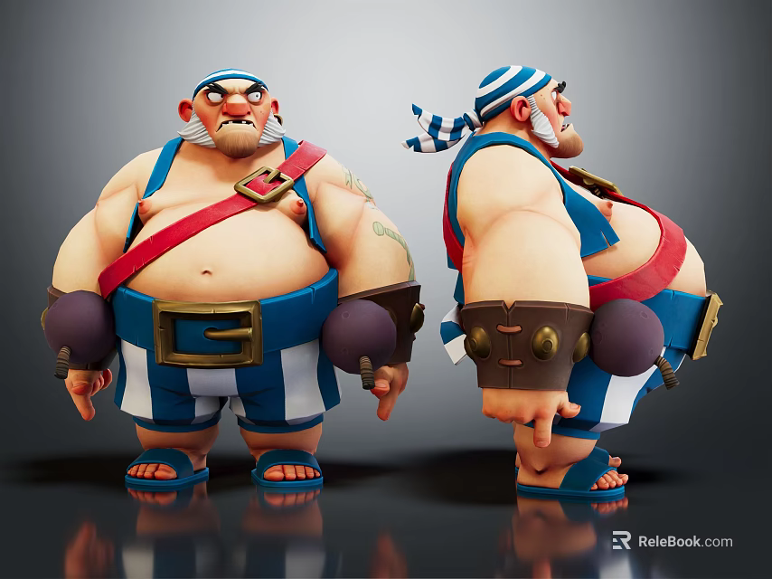 Muscular Game and Movie Character With Blue and White Striped Headscarf Red Suspenders and Tattoos 3d model 