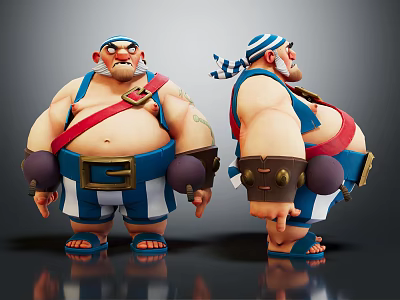 Muscular Game and Movie Character With Blue and White Striped Headscarf Red Suspenders and Tattoos 3d model