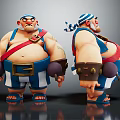 Muscular Game and Movie Character With Blue and White Striped Headscarf Red Suspenders and Tattoos