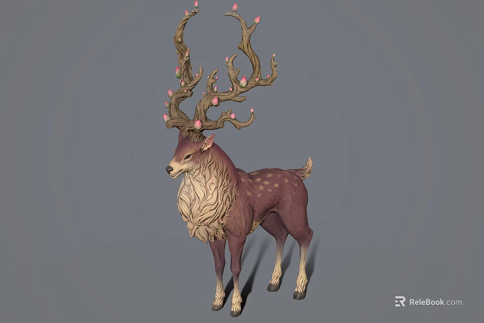 Fantasy Deer Character Creature With Pink Flower Decorated Antlers Brown Coat Light Underbelly 3d model 