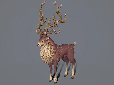 Fantasy Deer Character Creature With Pink Flower Decorated Antlers Brown Coat Light Underbelly 3d model