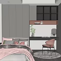 Tatami Bedroom With Grey Wardrobes Pink Blanket Pillows Desk Lamp Green Plant And Natural Light
