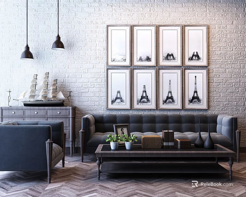 Modern Sofa Coffee Table Combination With Grey Upholstery Brick Wall And Eiffel Tower Artworks 3d model 