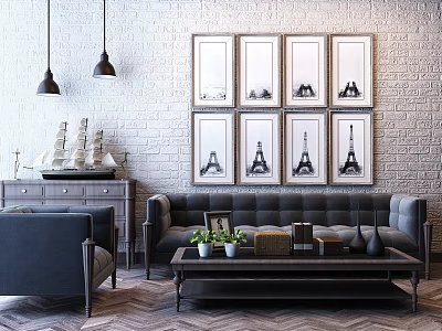 Modern Sofa Coffee Table Combination With Grey Upholstery Brick Wall And Eiffel Tower Artworks 3d model