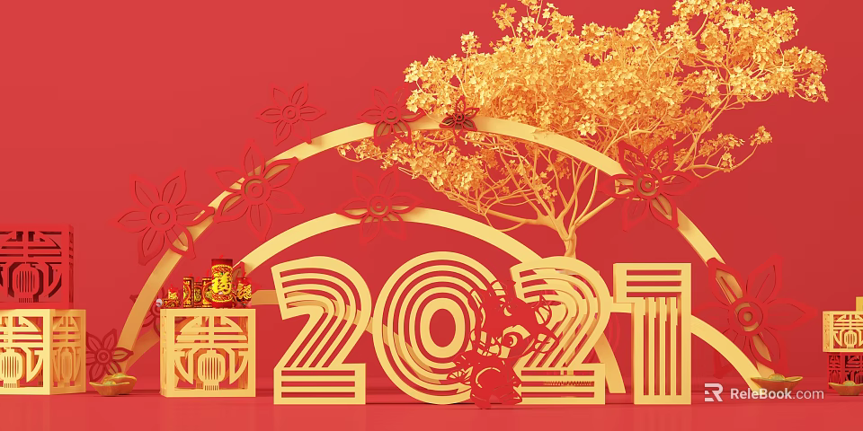 2021 New Year Decoration Display With Red Background Golden Tree Lanterns And Fu Symbol 3d model 