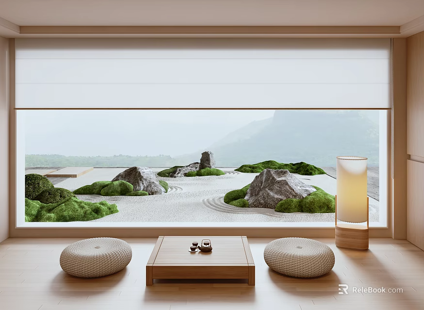 Japanese Style Indoor Zen Garden Rockery Stones With Dry Landscape Gravel And Green Plants 3d model 