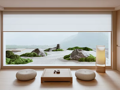 Japanese Style Indoor Zen Garden Rockery Stones With Dry Landscape Gravel And Green Plants 3d model