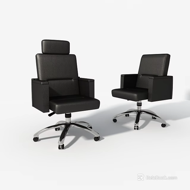 Two Black Leather Office Chairs with High Backrest Armrests and Swivel Wheels 3d model 