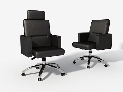 Two Black Leather Office Chairs with High Backrest Armrests and Swivel Wheels 3d model