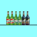 Different Colored Beer Bottles Neatly Arranged in a Row on Light Blue Background
